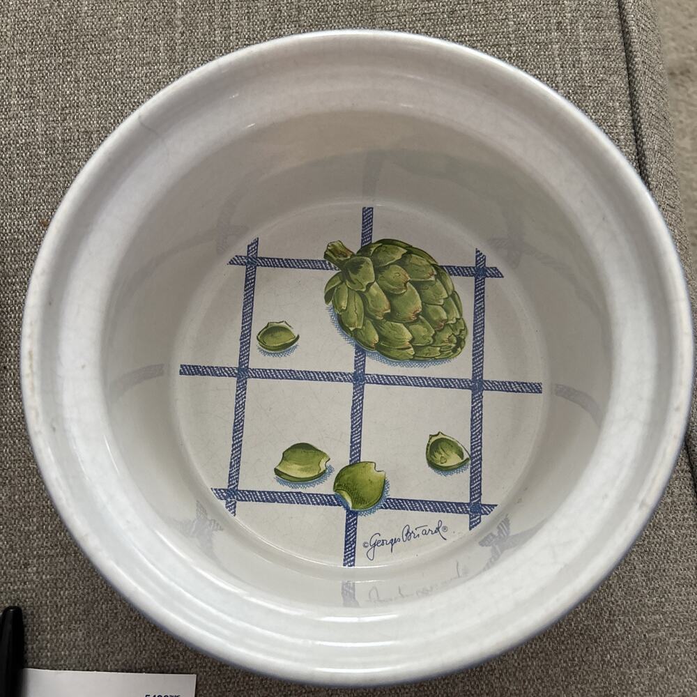 Blue Casserole Baking Dish w/Lid Artichokes Georges Briard Signed Vintage 1970s